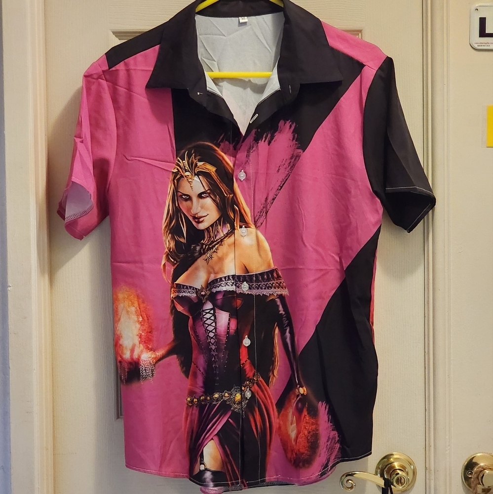 Pink and black shirt with lady